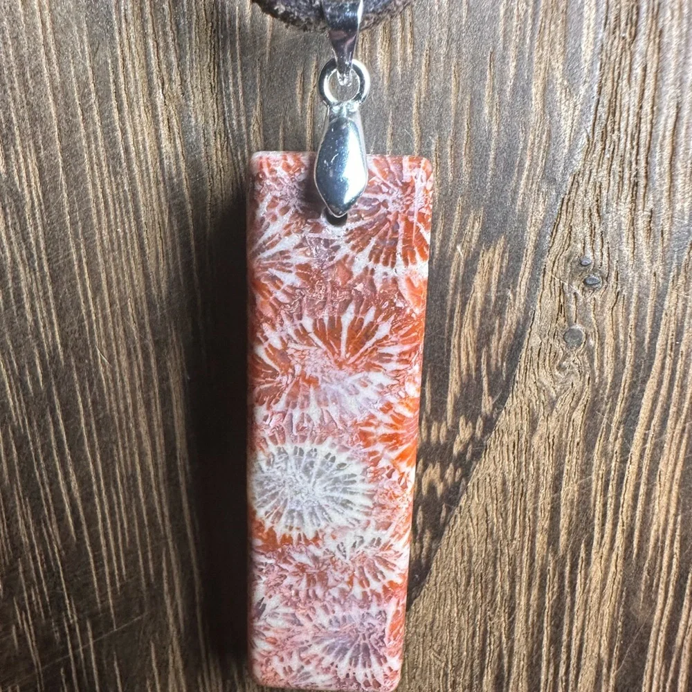 Dark Orange Coral Fossil Thin Rectangle Pendant Necklace on Brown Suede - Picture 7 of 13